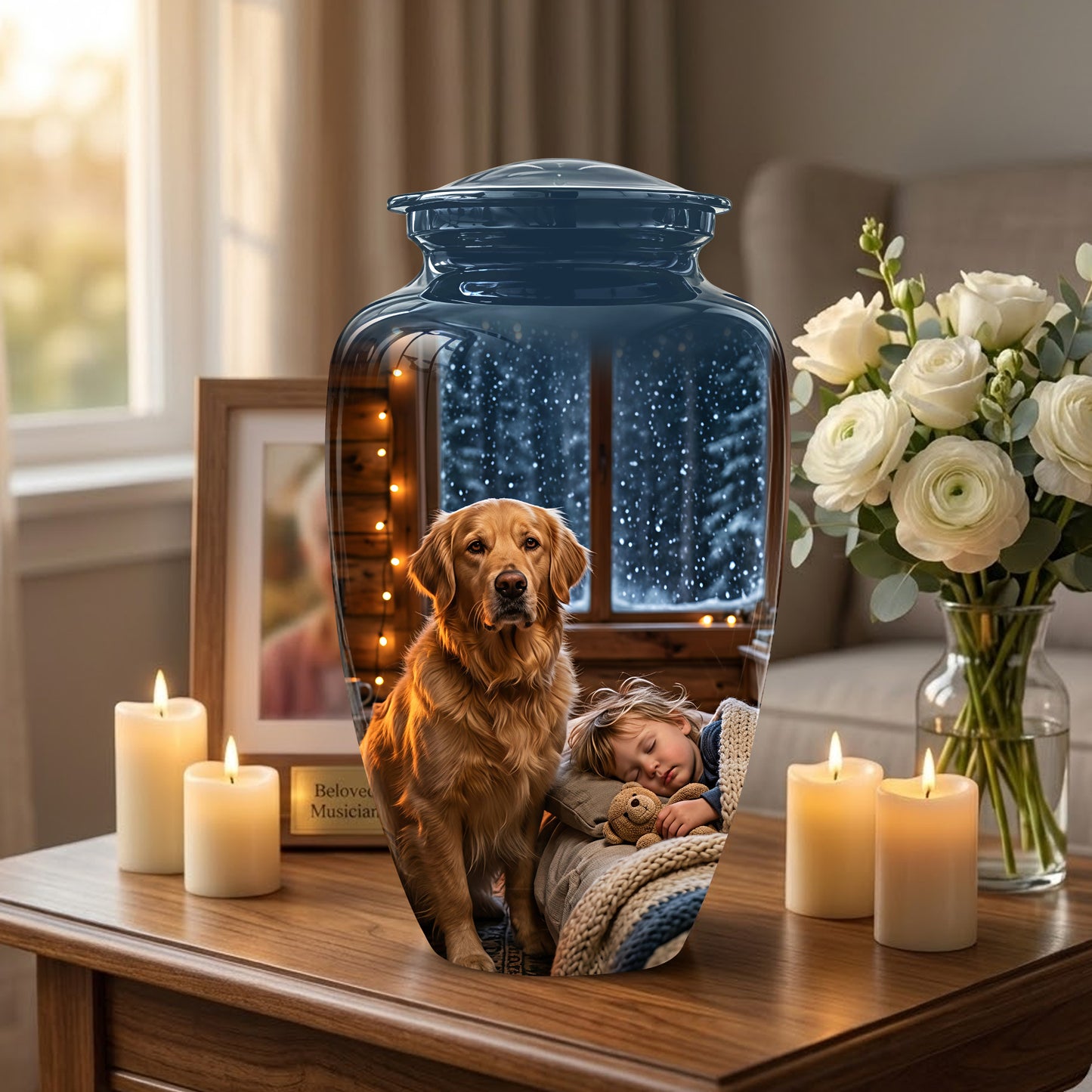Golden Retriever Dog With Child - Beautiful Custom Pet Urns For Ashes