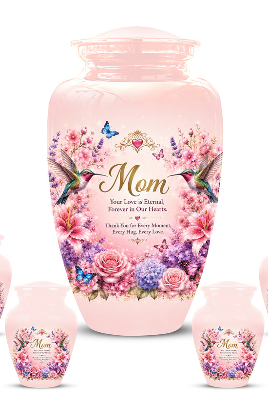 Hummingbird Floral Memorial Urn for Mother – Pink Aluminium Cremation Urn for Loved ones
