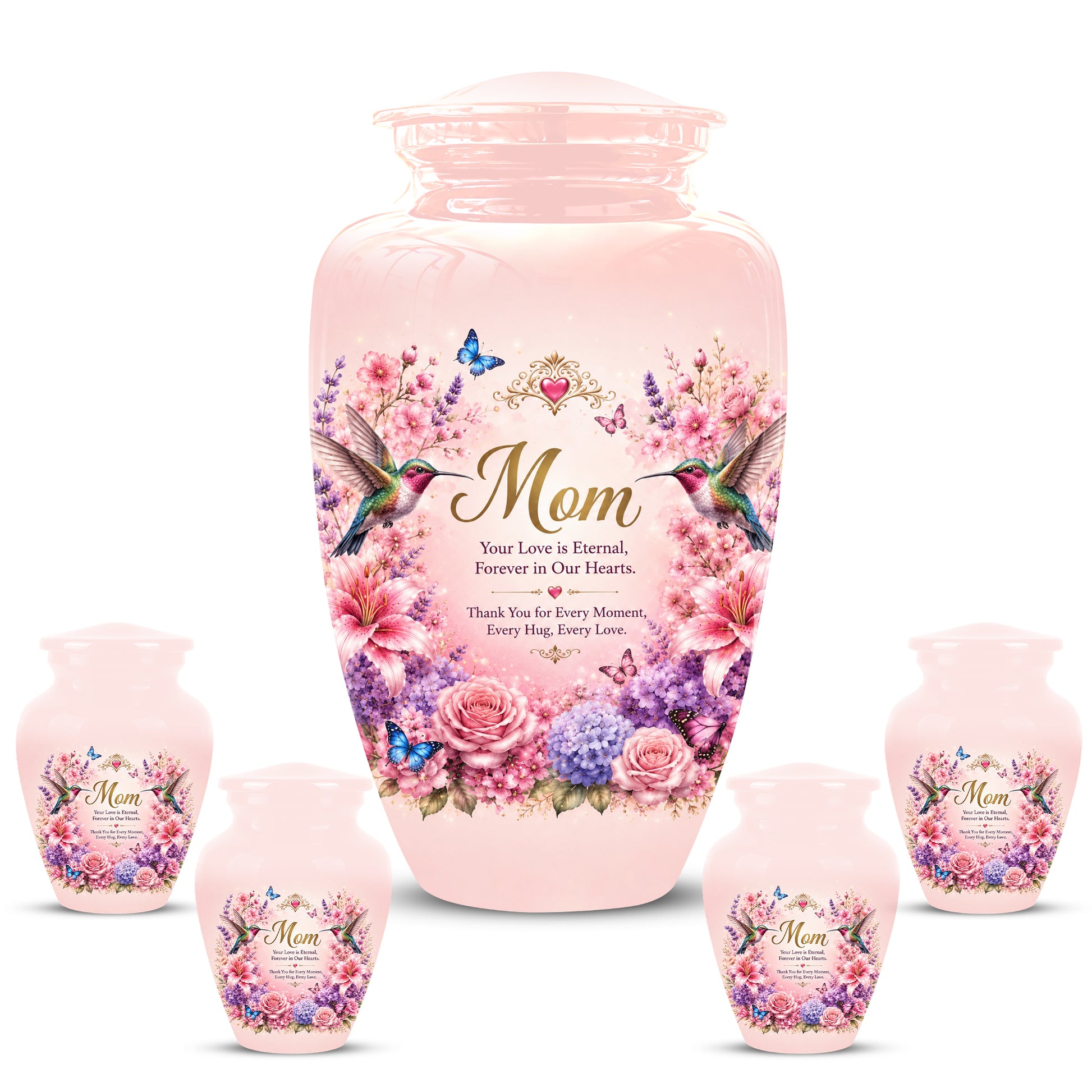 Hummingbird Floral Memorial Urn for Mother – Pink Aluminium Cremation Urn for Loved ones