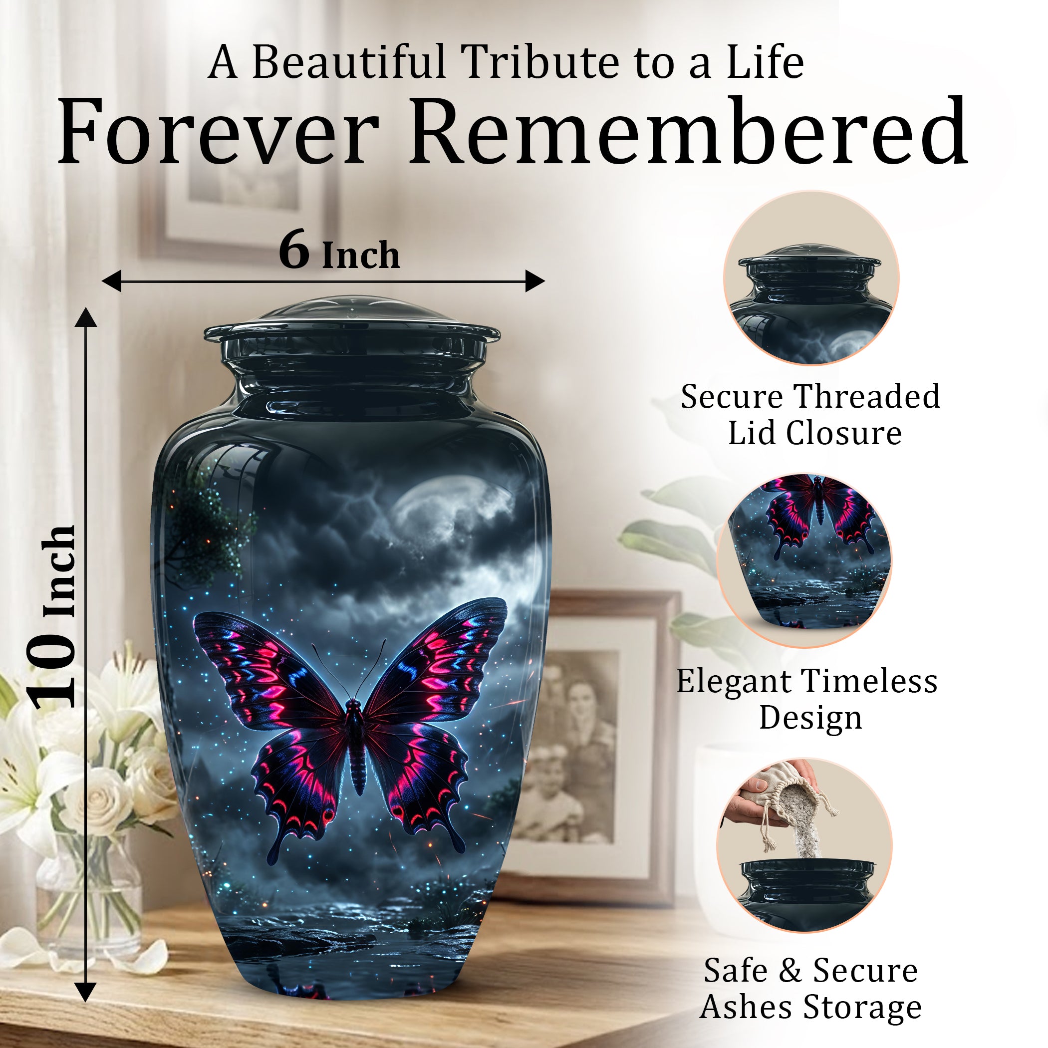 Colorful Butterfly Cremation Urn - Personalized Black Memorial Urns