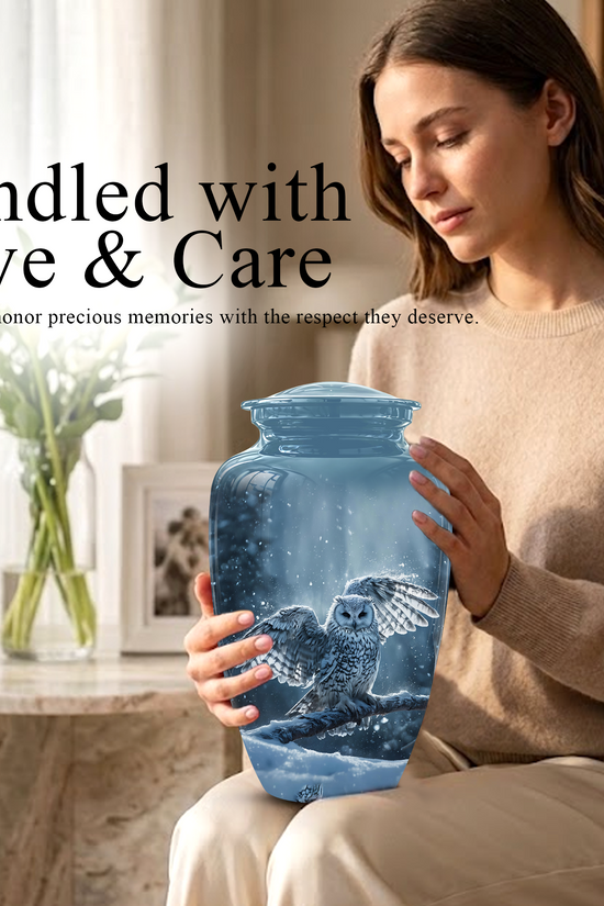 Snowy Owl Cremation Urn - Blue Funeral Urns For Human Ashes