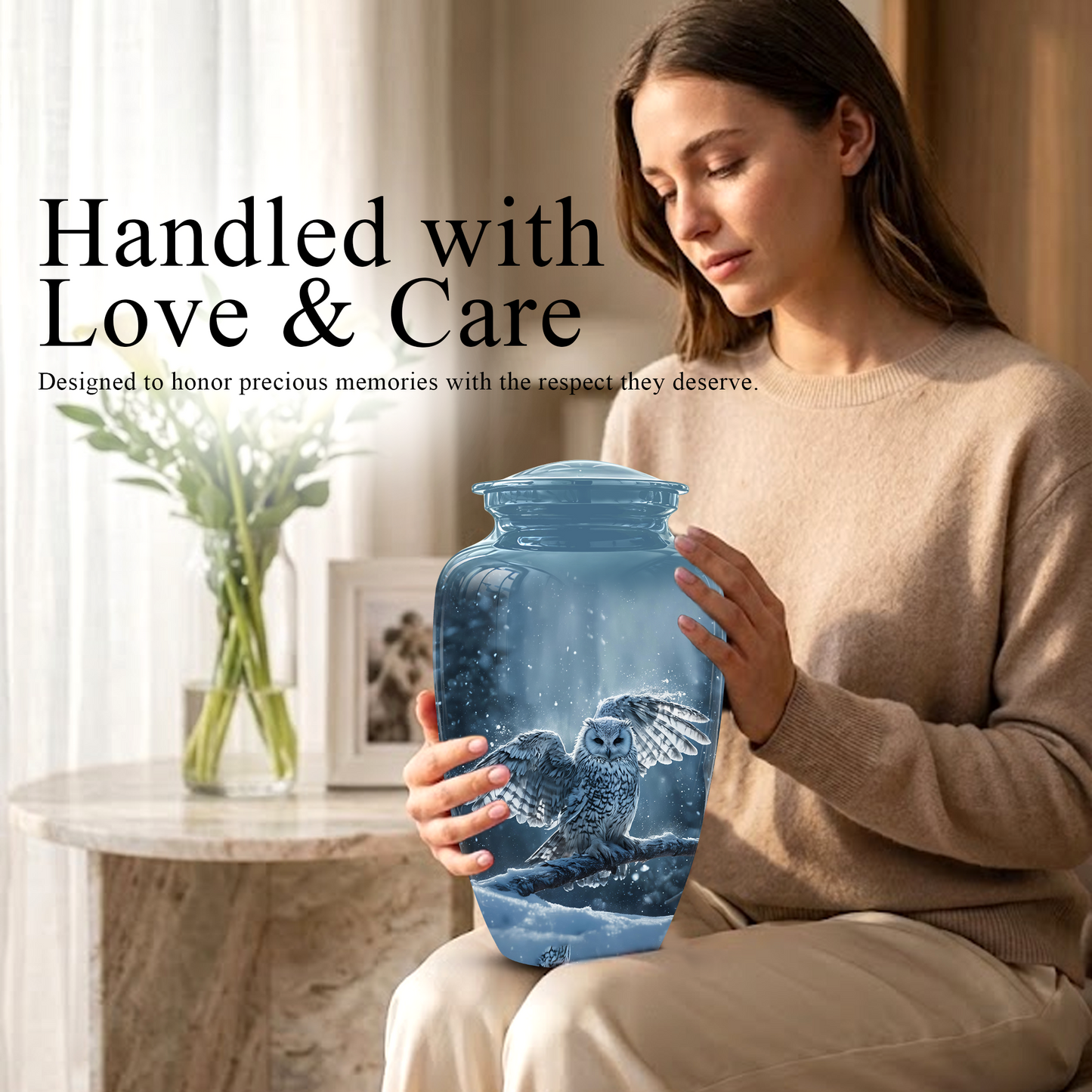 Snowy Owl Cremation Urn - Blue Funeral Urns For Human Ashes