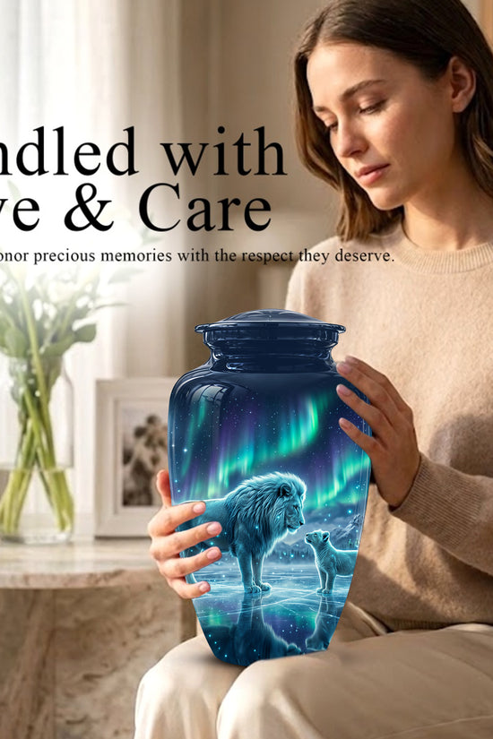 Lion & Cub Aurora Borealis Urn - Personalized Lion Urns For Human Ashes