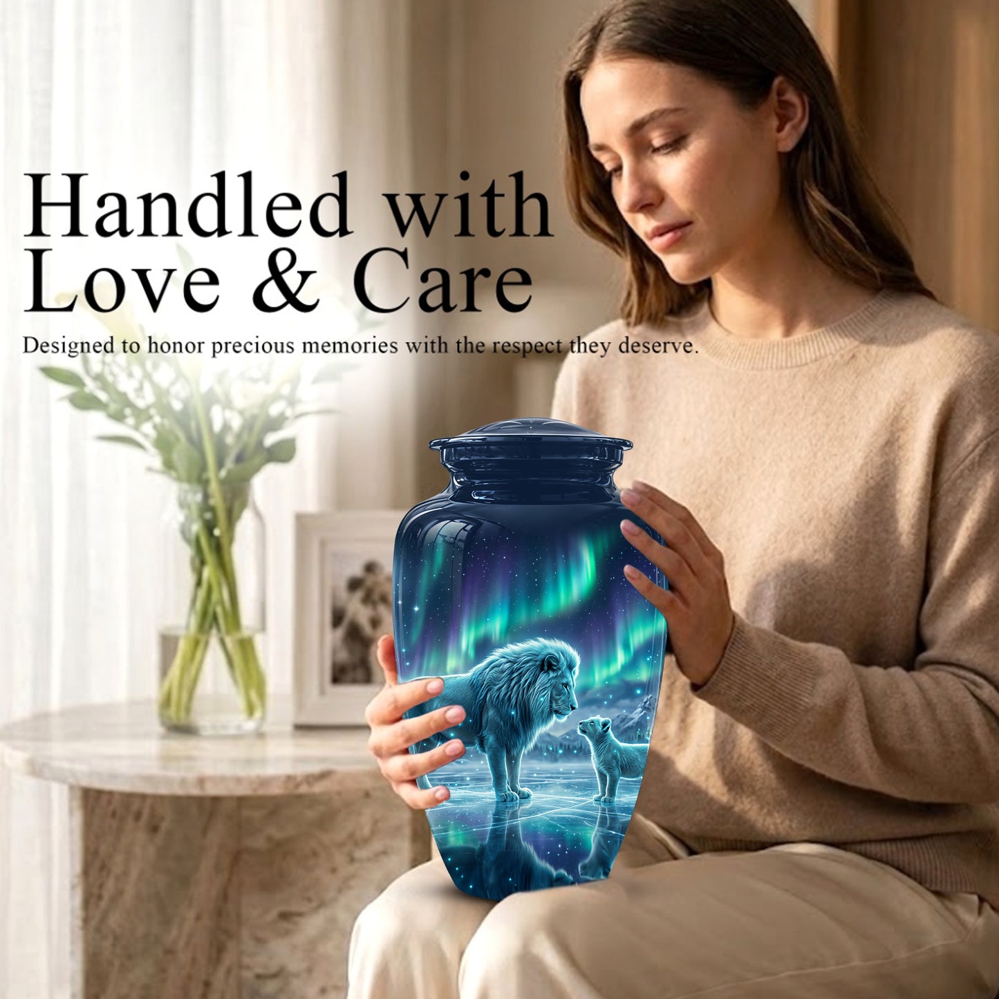 Lion & Cub Aurora Borealis Urn - Personalized Lion Urns For Human Ashes