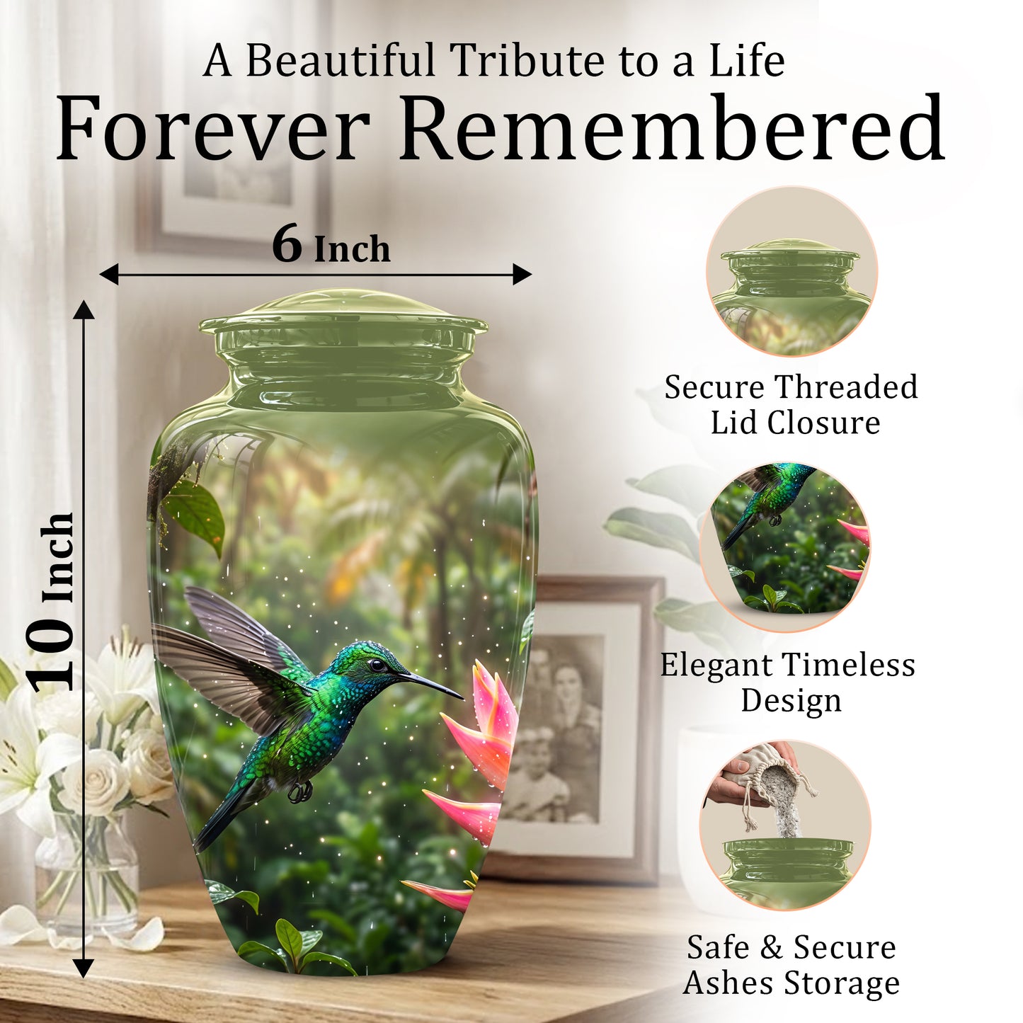 Celestial Flying Green Hummingbird Urn - Majestic Handcrafted Burial Urn