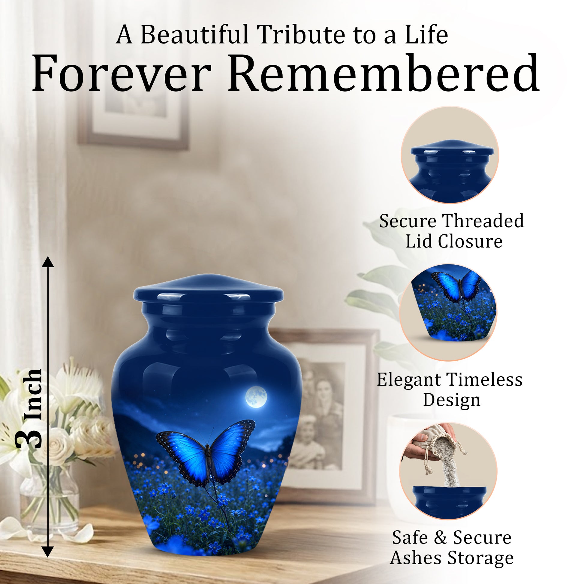 Personalized Blue Butterfly Cremation Urn - Handcrafted Urns For Mom