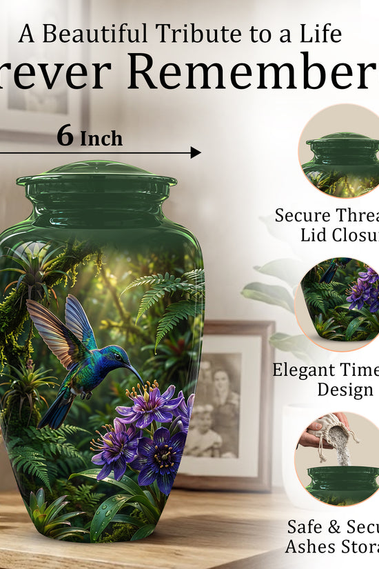 Flying Hummingbird Themed Urn - Beautiful Purple Flower Cremation Urns