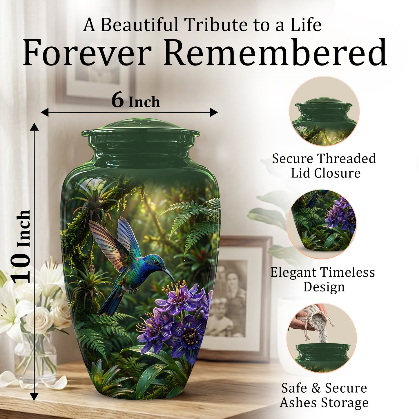 Flying Hummingbird Themed Urn - Beautiful Purple Flower Cremation Urns