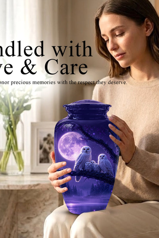 Purple Owl Cremation Urn - Handcrafted Memorial Urn For Adults Ashes