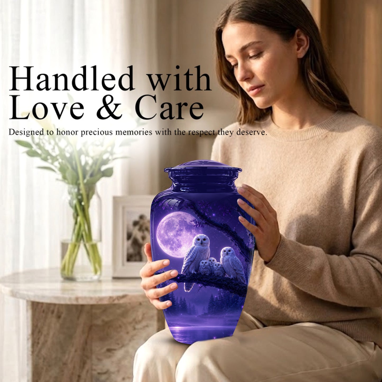 Purple Owl Cremation Urn - Handcrafted Memorial Urn For Adults Ashes