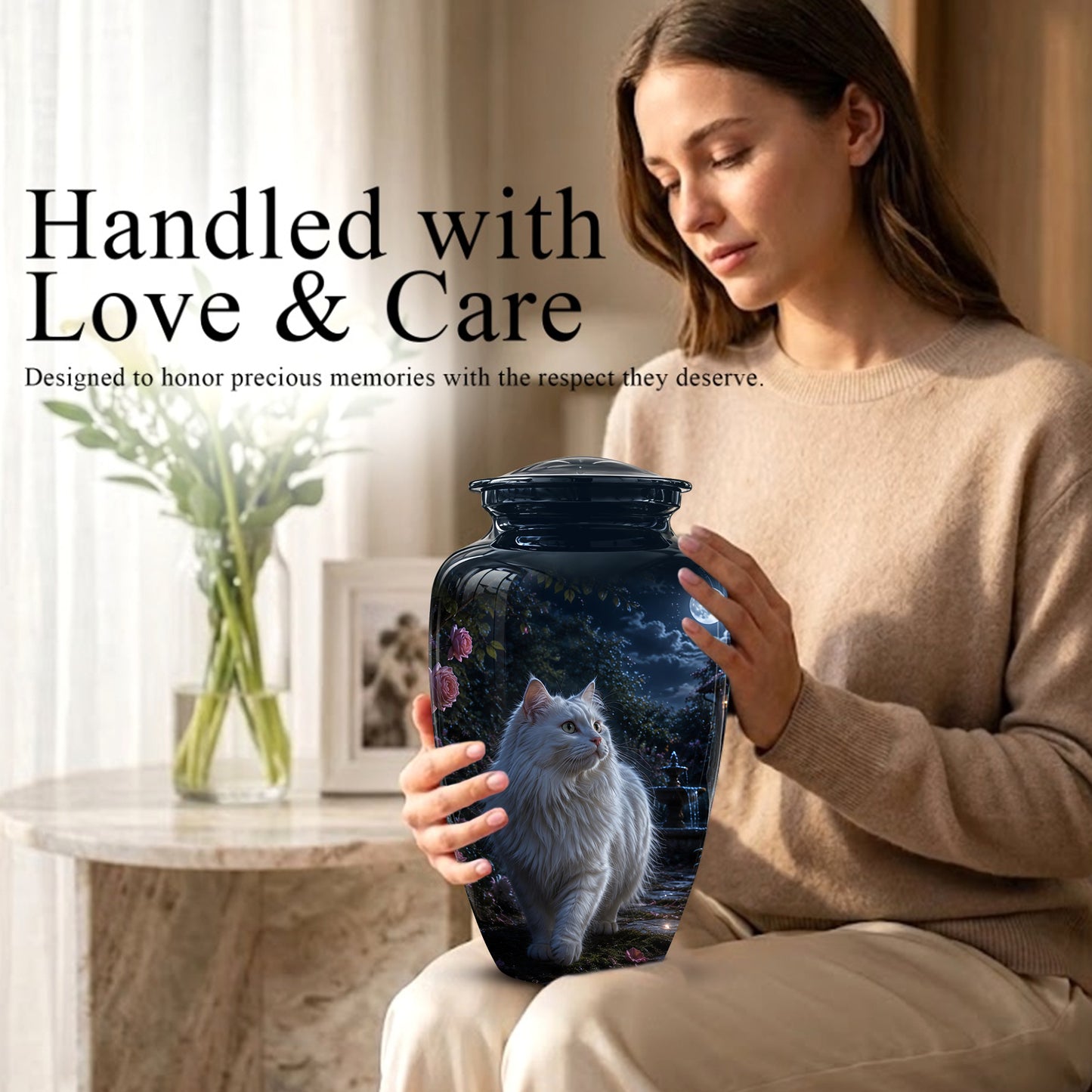 Beautiful White Cat Cremation Urn -  Personalized Handcrafted Pet Urns