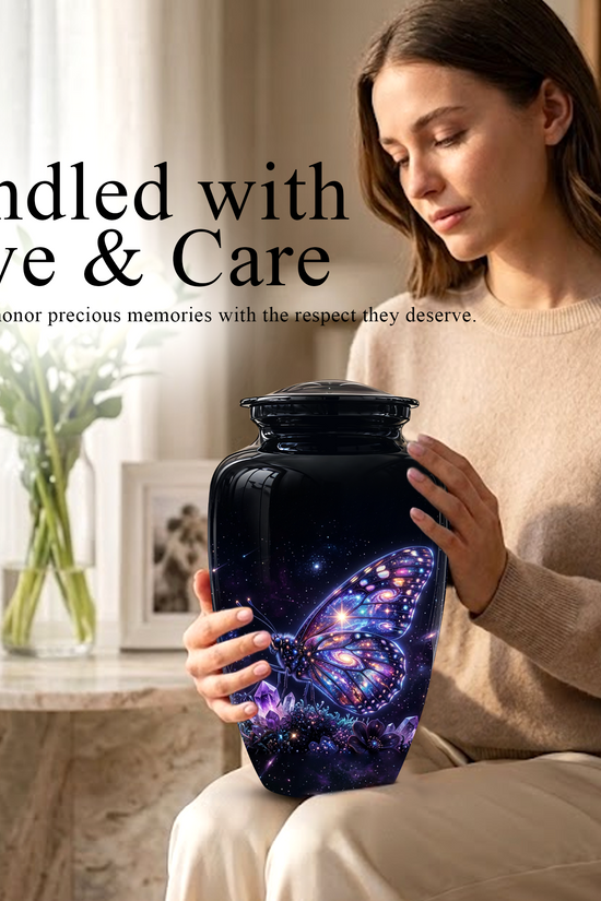 Purple Butterfly Cremation Urn - Beautiful Black Urns For Human Ashes