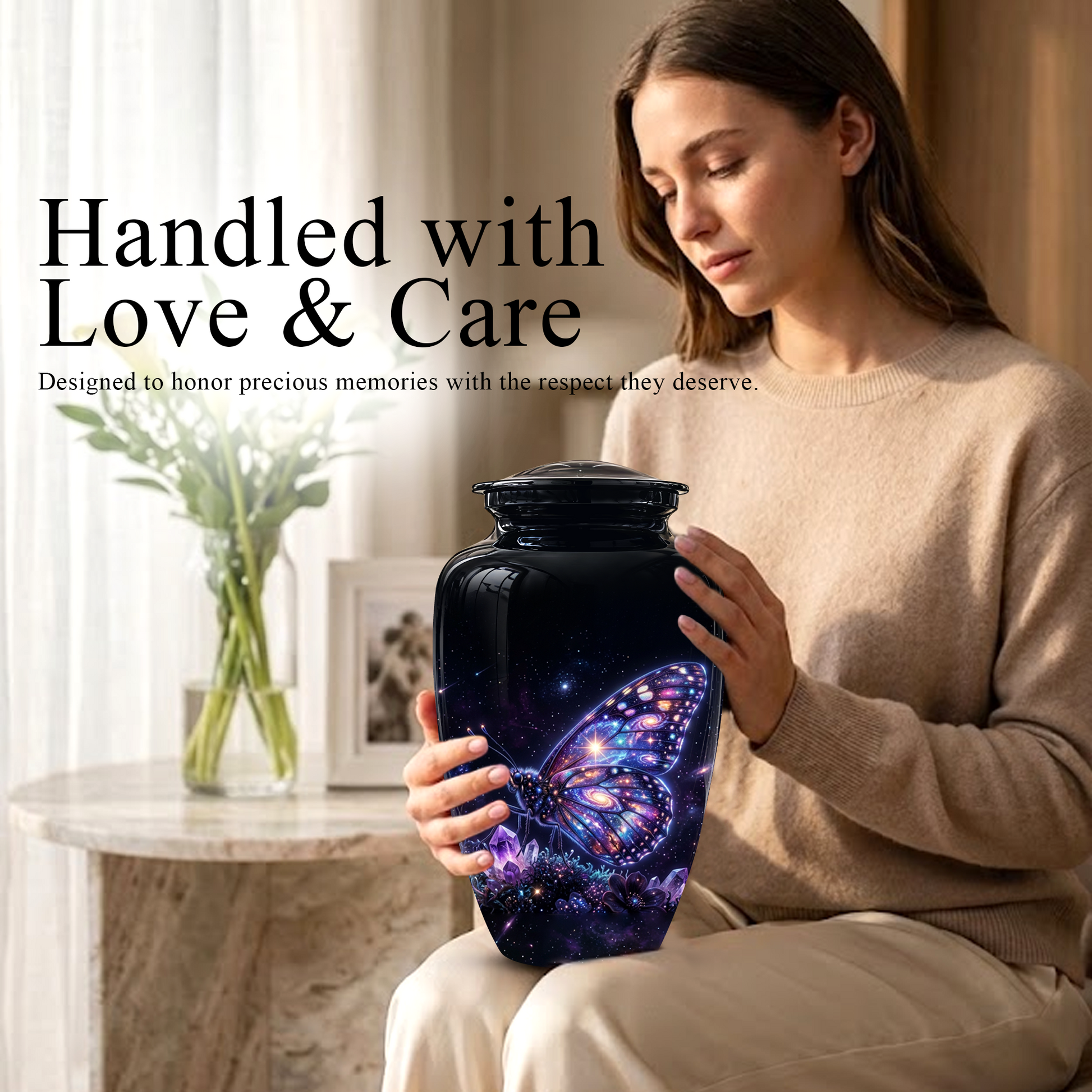Purple Butterfly Cremation Urn - Beautiful Black Urns For Human Ashes