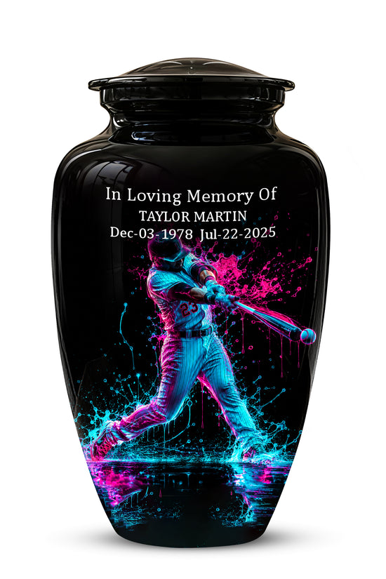 Artistic Baseball Player Funeral Urn - Personalized Black Urns For Ashes