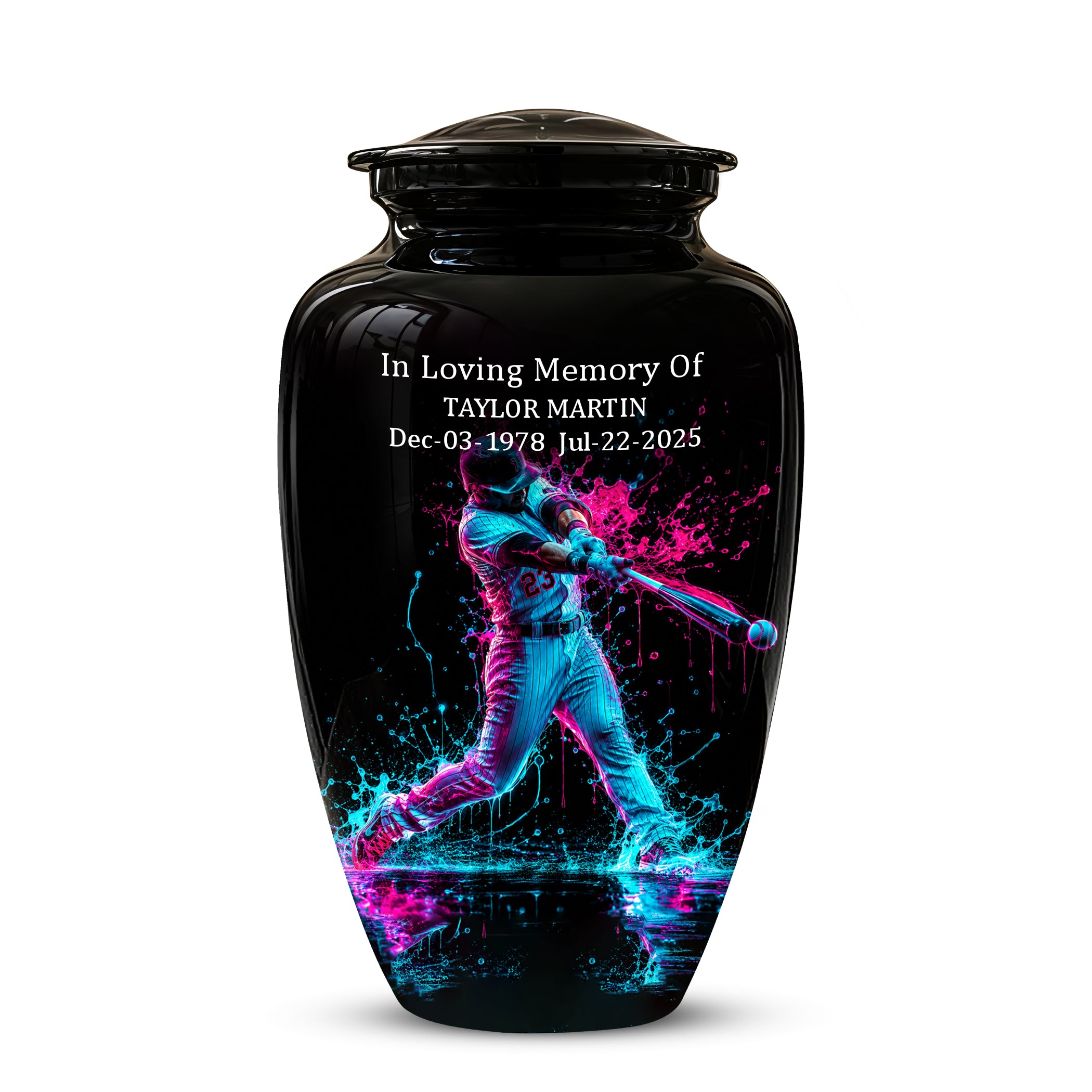 Artistic Baseball Player Funeral Urn - Personalized Black Urns For Ashes
