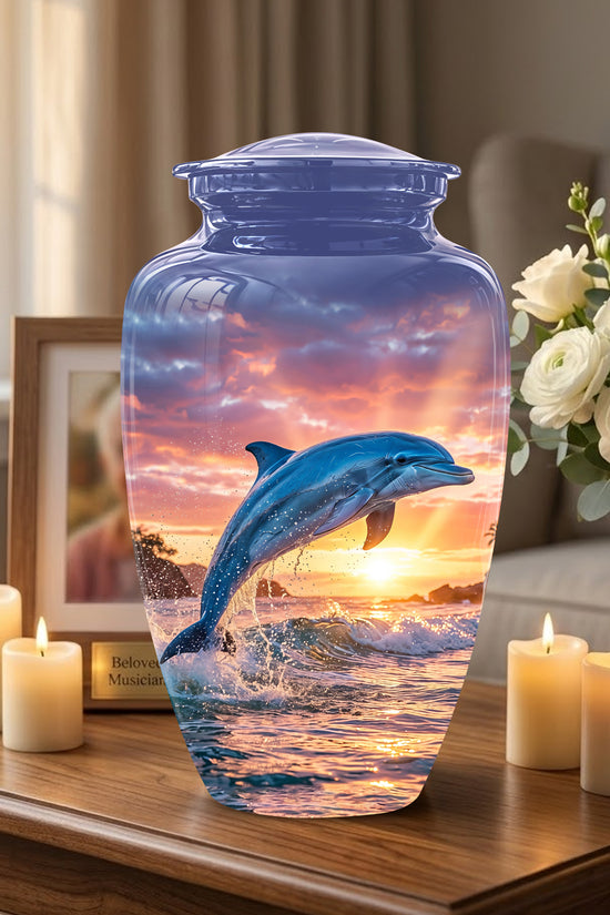 Blue Dolphin Themed Urn - Sunset Custom Funeral Urns For Human Ashes