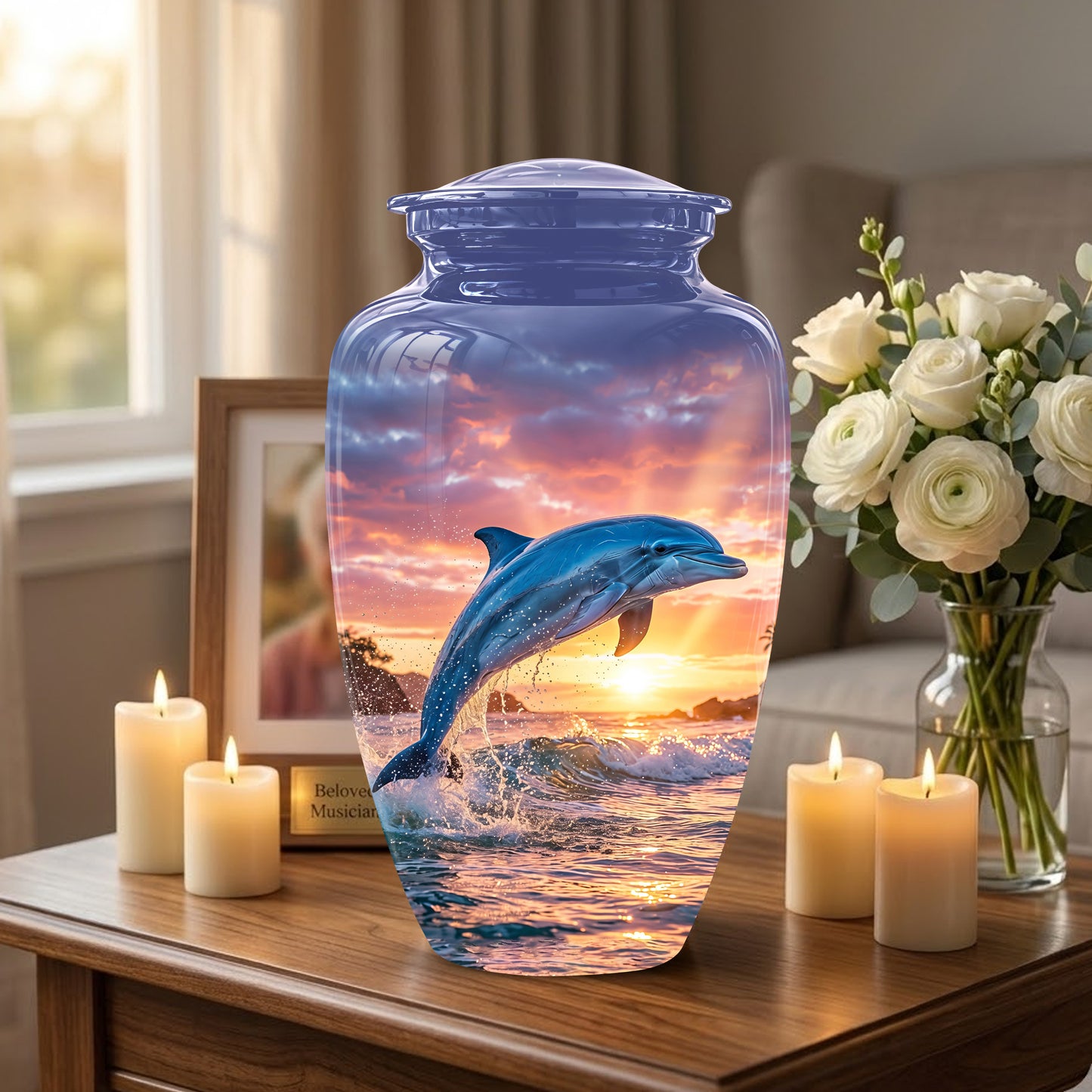 Blue Dolphin Themed Urn - Sunset Custom Funeral Urns For Human Ashes