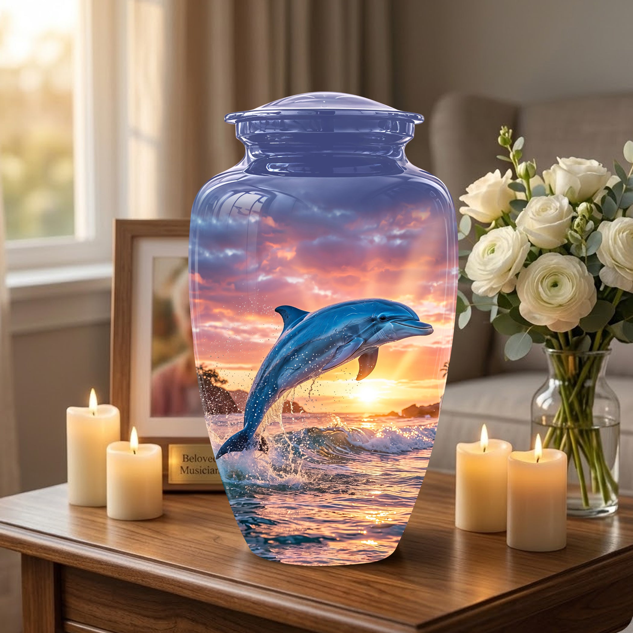 Blue Dolphin Themed Urn - Sunset Custom Funeral Urns For Human Ashes
