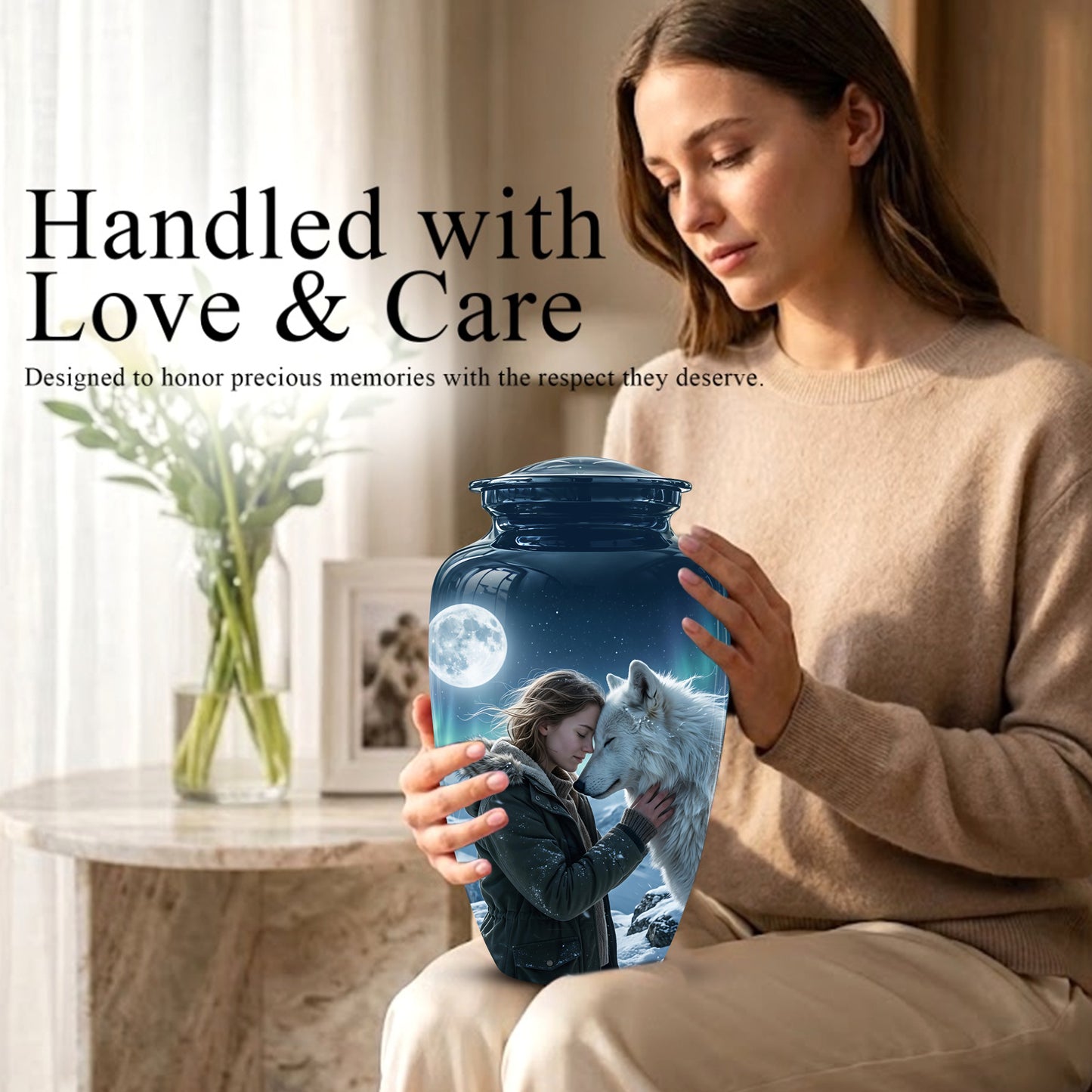 White Wolf Memorial Urn for Ashes - Custom Engraved Urns For Human