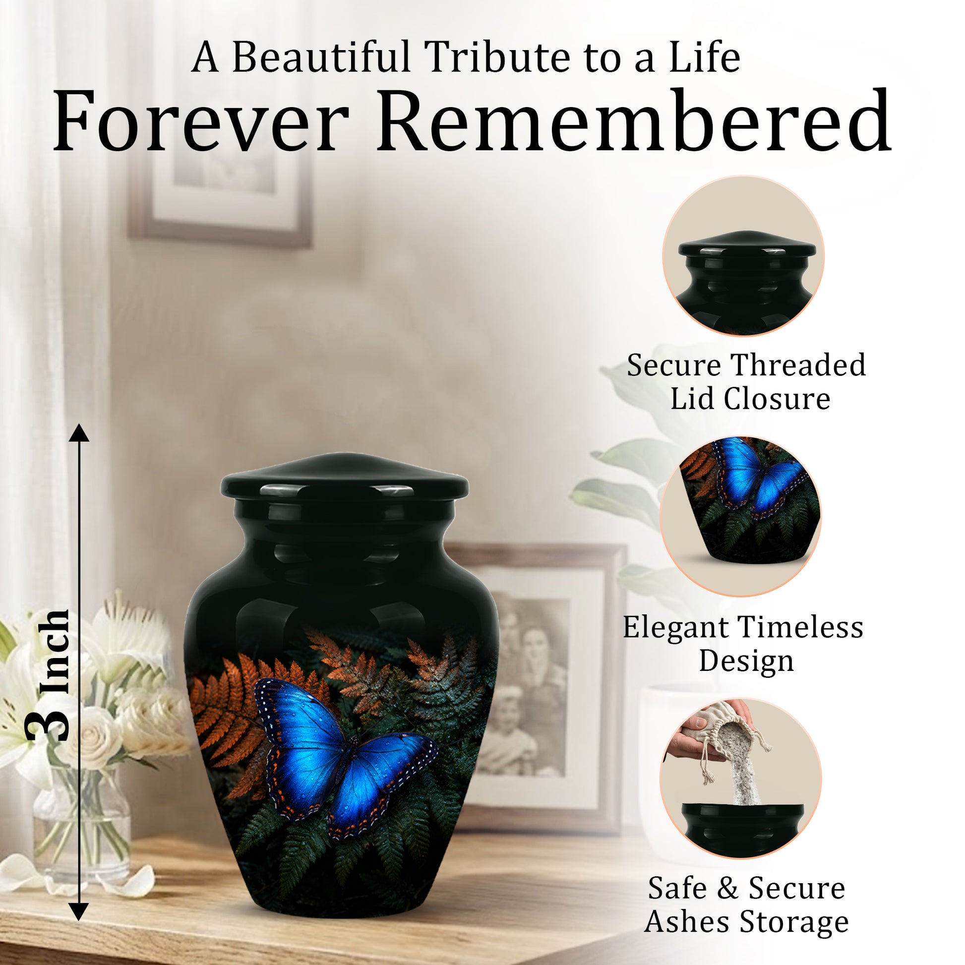 Blue Butterfly Cremation Urns - Black Memorial Urns For Women Ashes