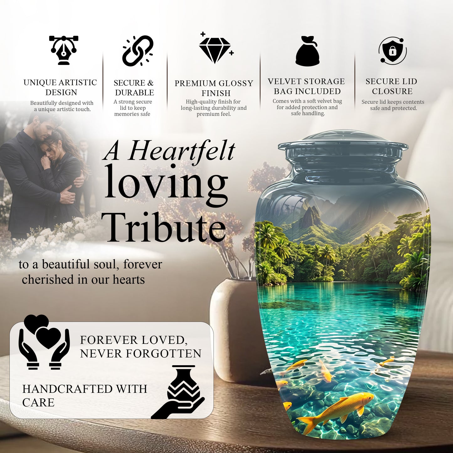 Koi Fish Themed Urn - Handcrafted Memorial Eternal Rest Urn For Ashes