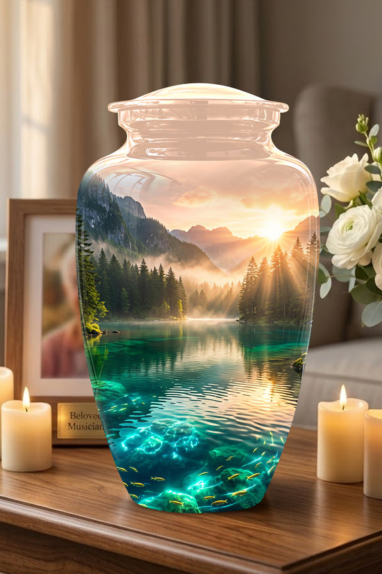 Serene Mountain Lake Cremation Urn- Custom Memorial Art Urns For Ashes