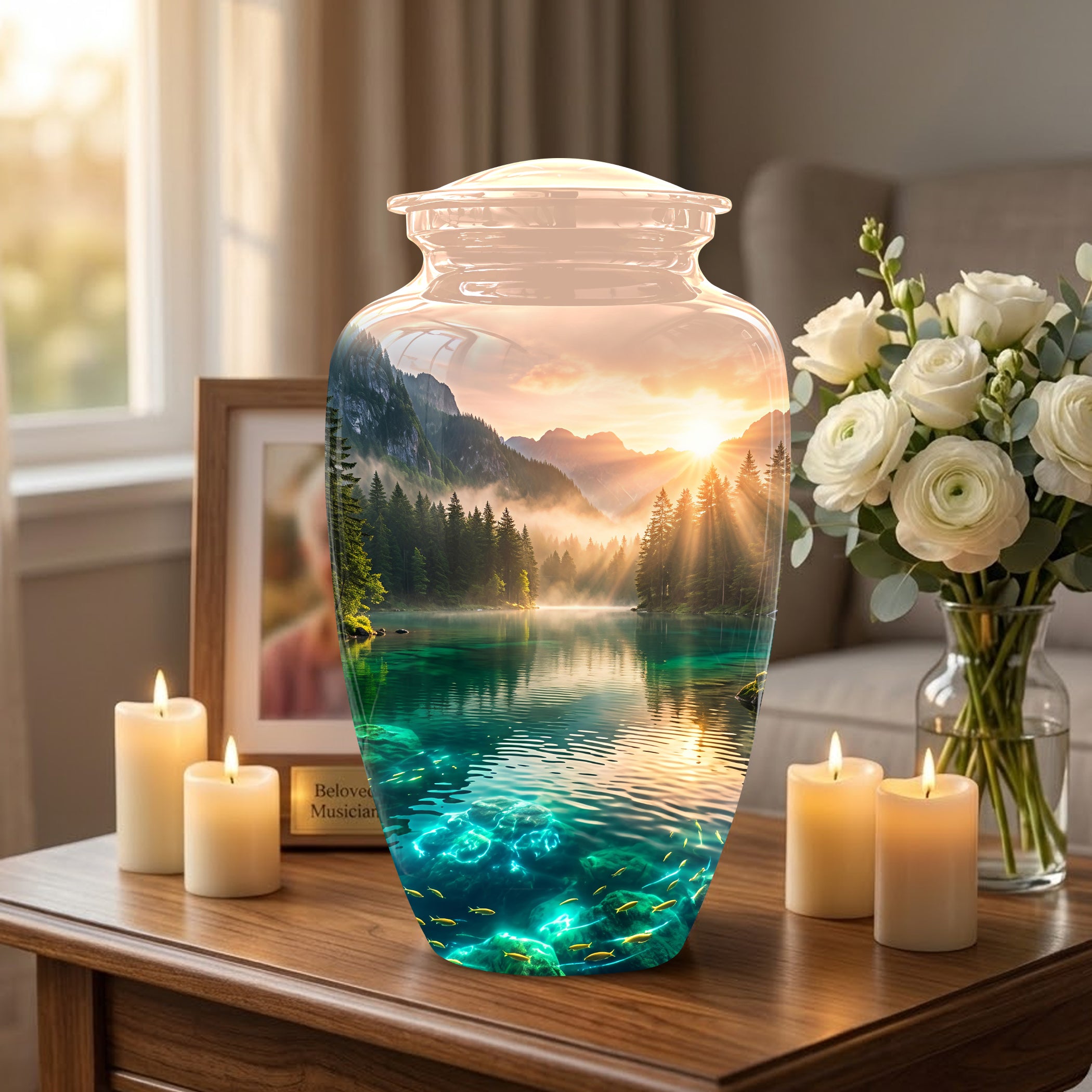 Serene Mountain Lake Cremation Urn- Custom Memorial Art Urns For Ashes