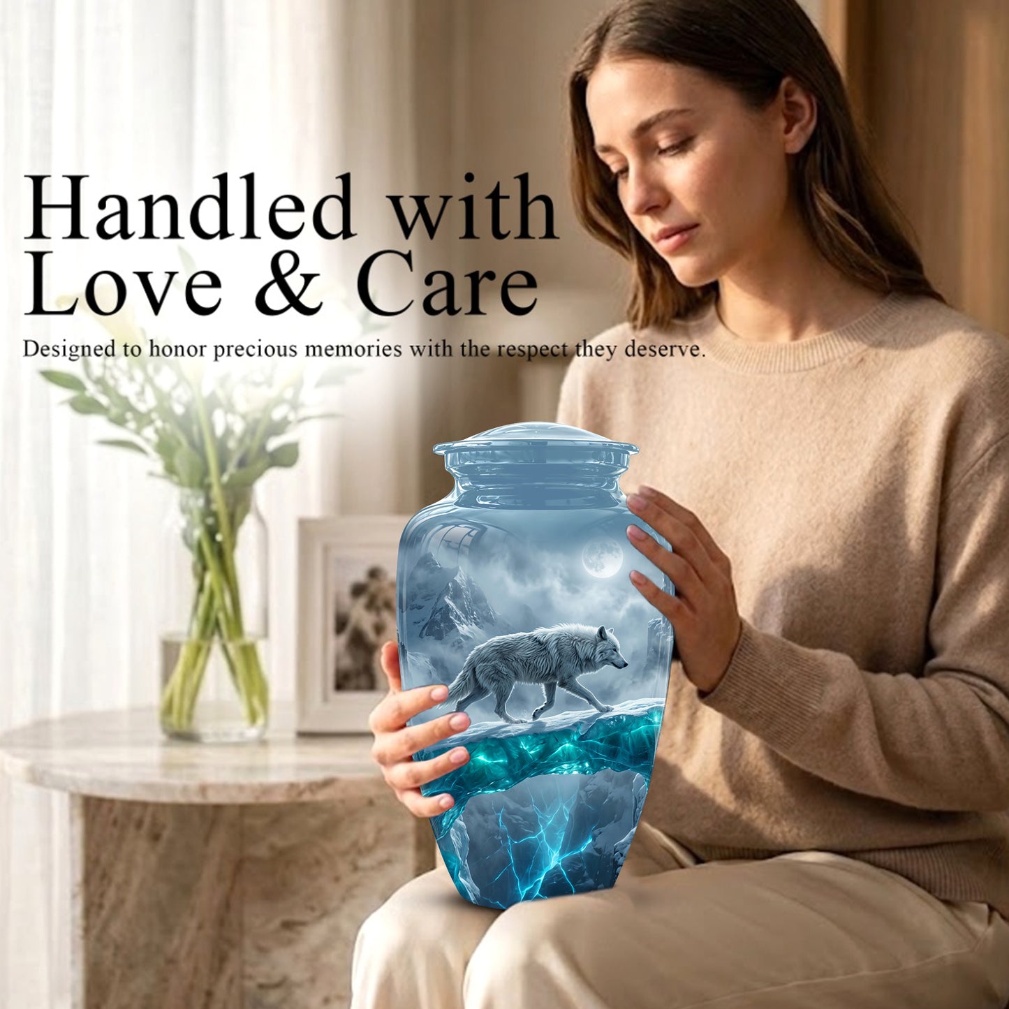 White Wolf In Snow Themed Urn - Classic Custom Urns For Human Ashes