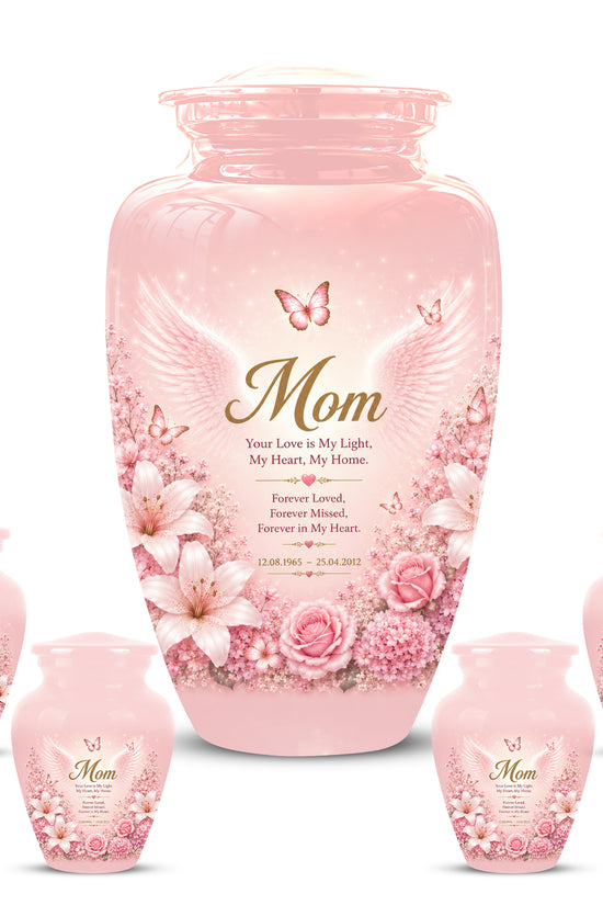 Angel Wings Funeral Urn for Mom – Pink Aluminium Burial Urn for Human Ashes