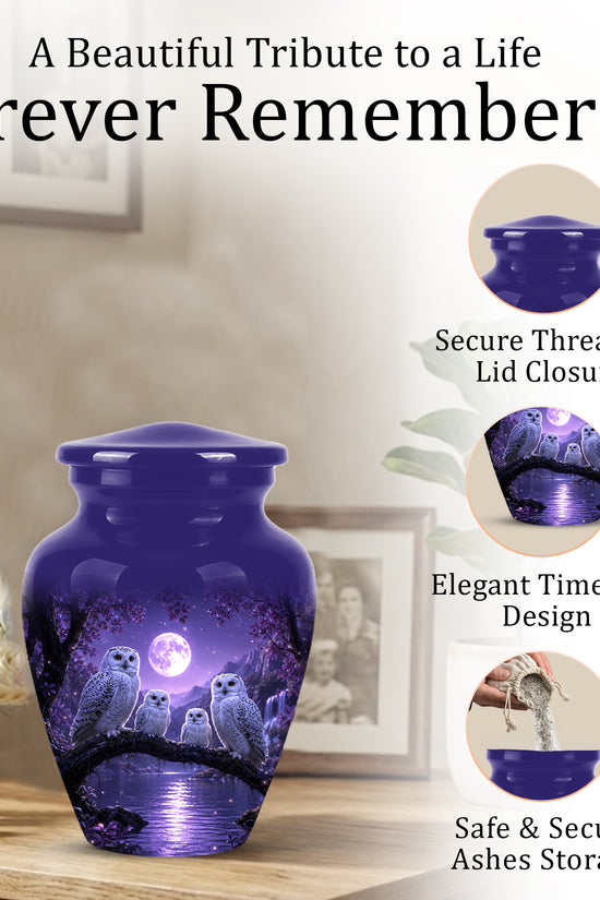 Snowy Owl Family Themed Cremation Urn - Purple Moonlight Memorial Urns