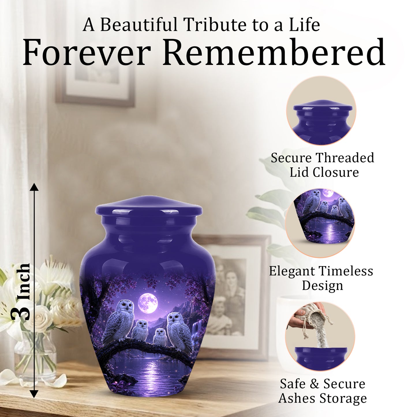Snowy Owl Family Themed Cremation Urn - Purple Moonlight Memorial Urns