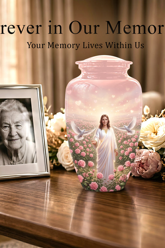 Jesus Christ And Roses Cremation Urn - Dove Memorial Urn For Ashes