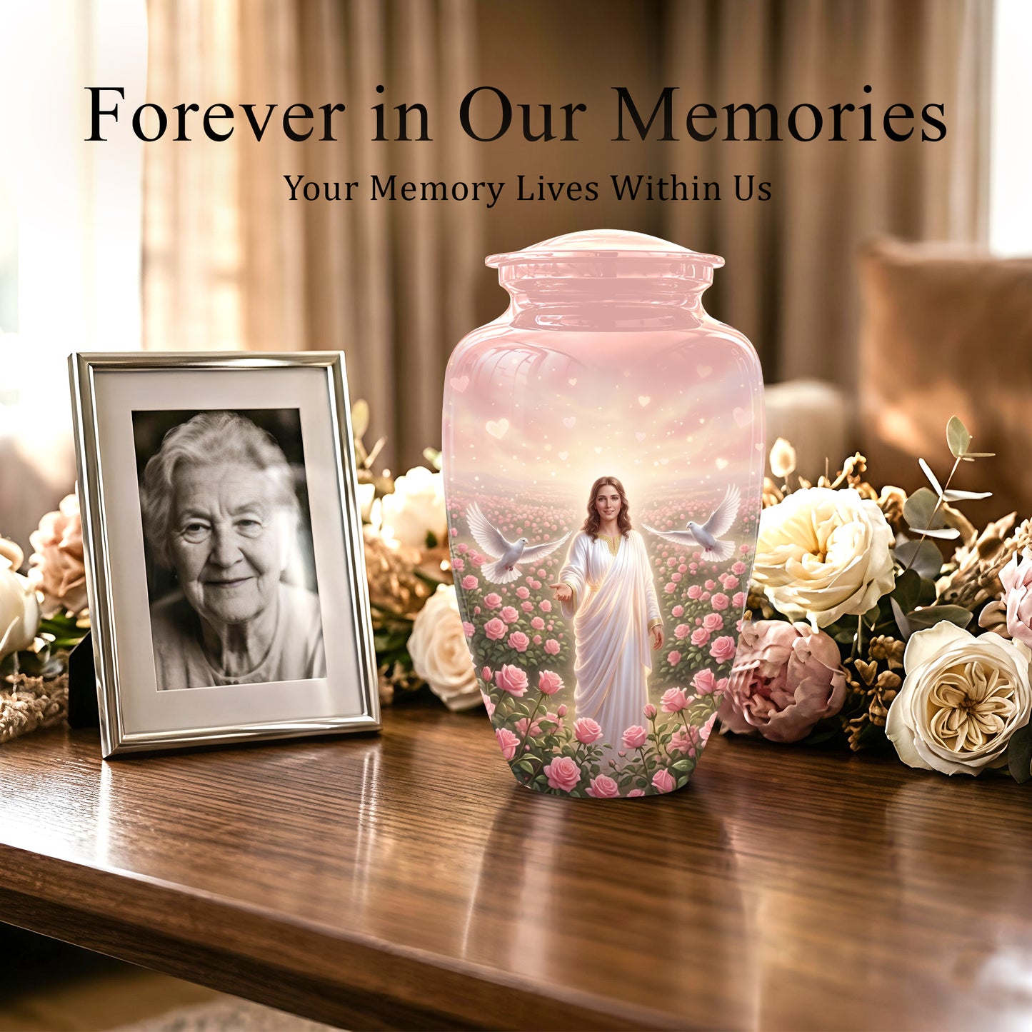 Jesus Christ And Roses Cremation Urn - Dove Memorial Urn For Ashes