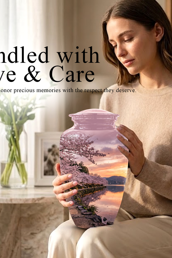Pink Spring Tree Cremation Urns - Beautiful Nature Sunset Burial Urns