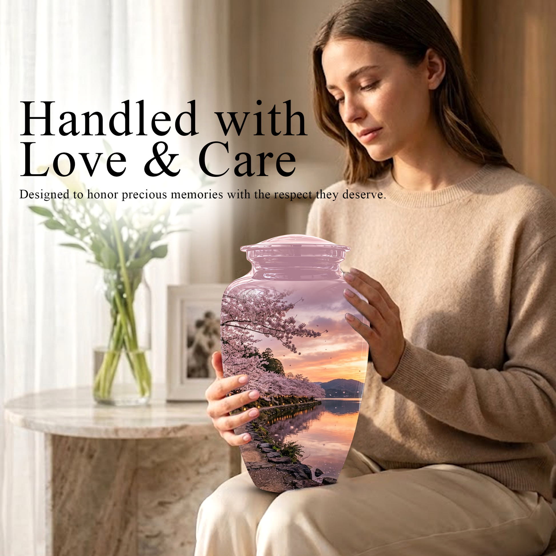 Pink Spring Tree Cremation Urns - Beautiful Nature Sunset Burial Urns