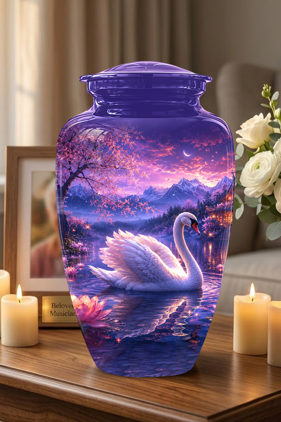 Swan & Cherry Blossom Serenade Urn - Beautiful Custom Urns For Ashes