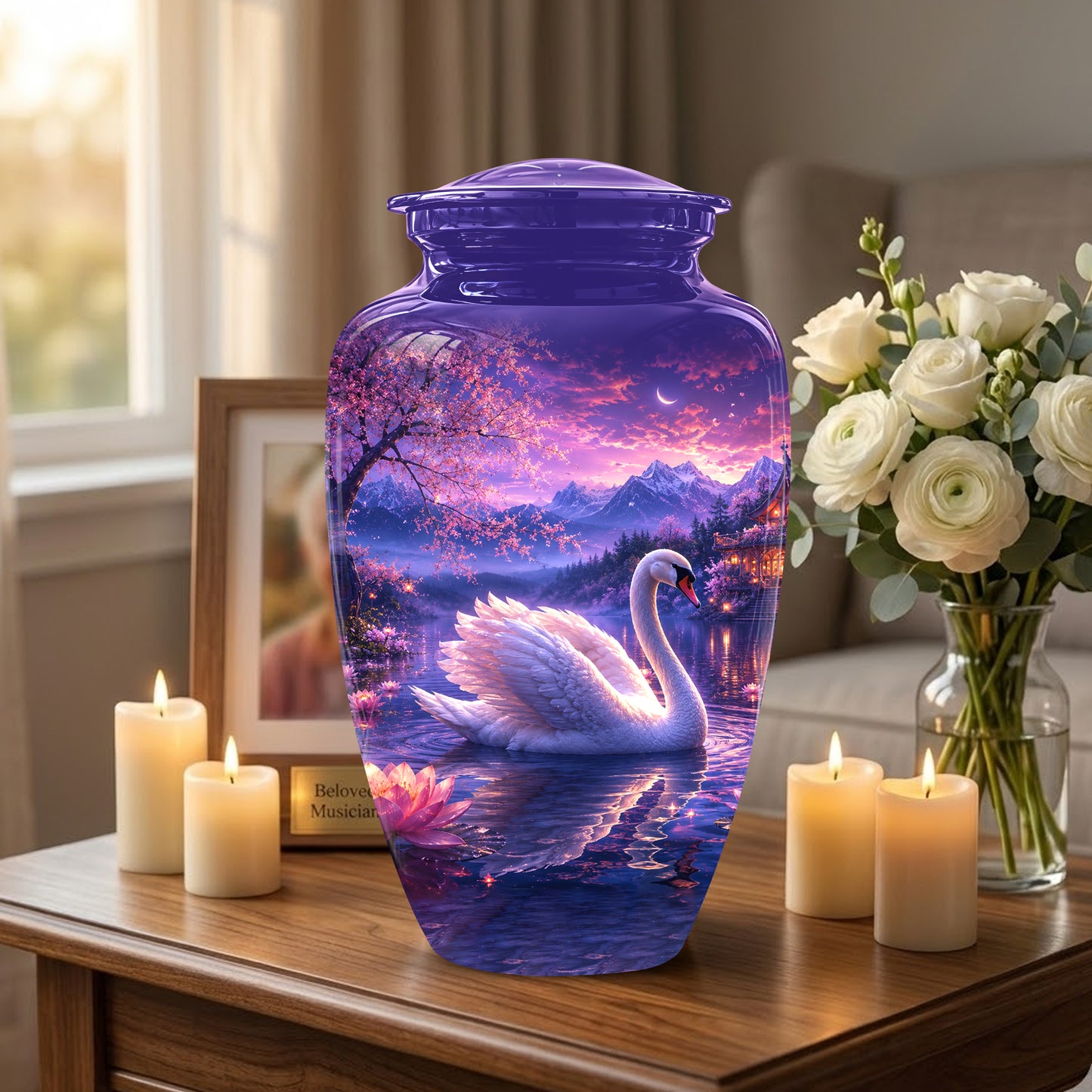 Swan & Cherry Blossom Serenade Urn - Beautiful Custom Urns For Ashes