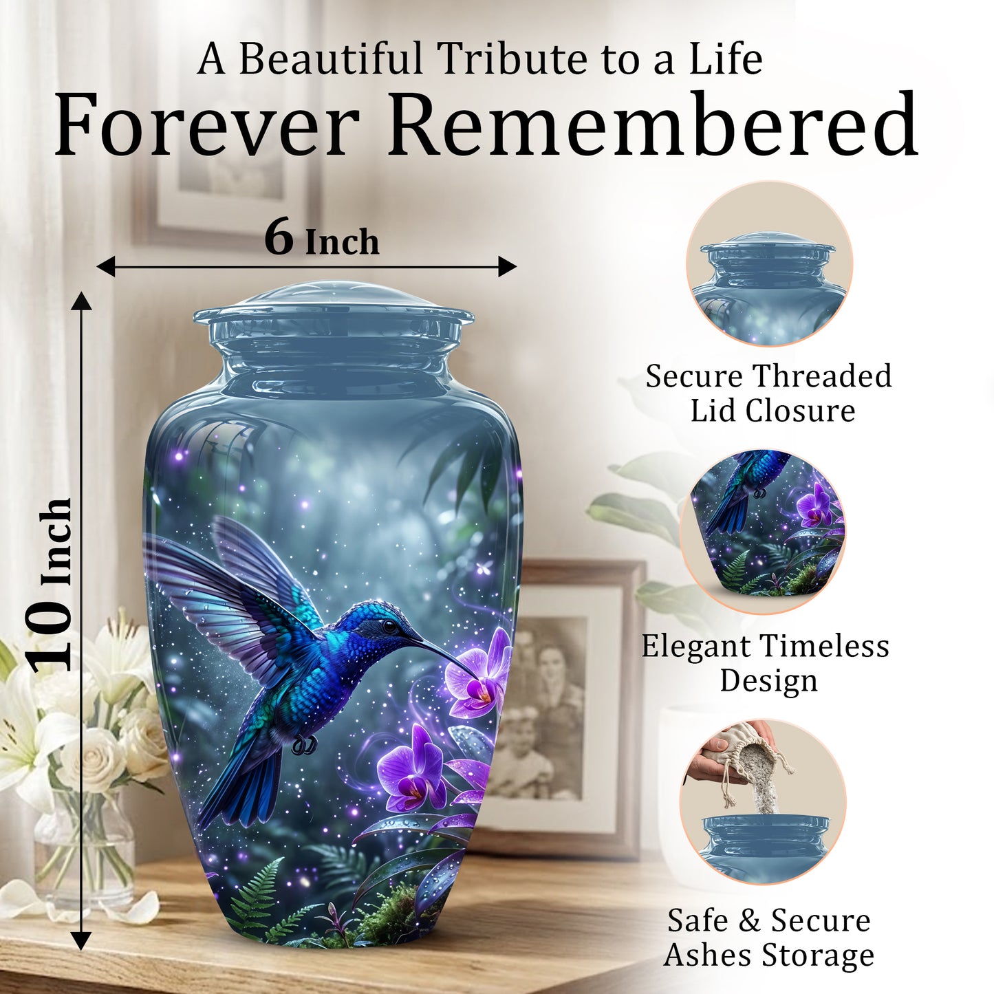 Flying Blue Hummingbird Urn - Majestic Memorial Urns For Human Ashes