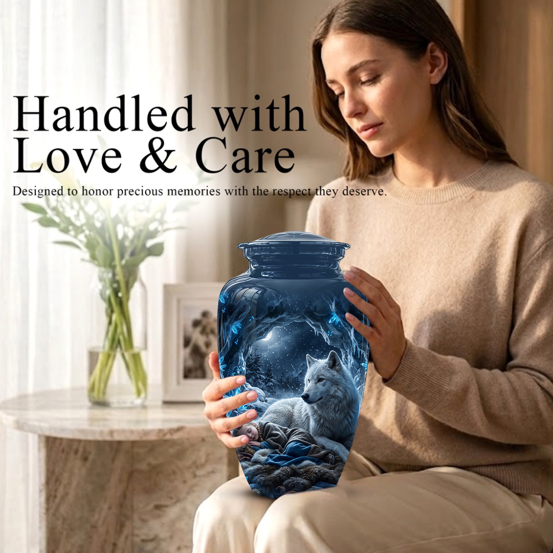 White Wolf With Girl Urn - Custom Memorial Urns For Men & Women Ashes