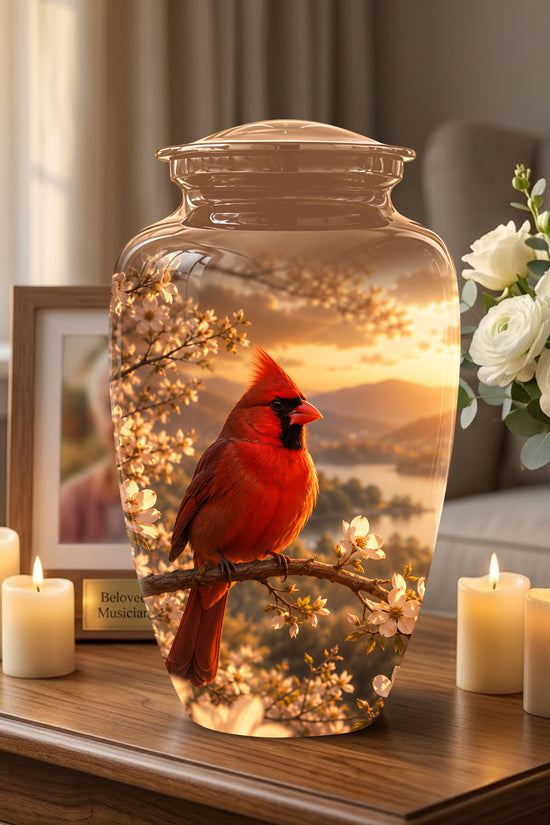 Red Cardinal Bird - Beautiful Sunset Scenic Burial Urns For  Ashes