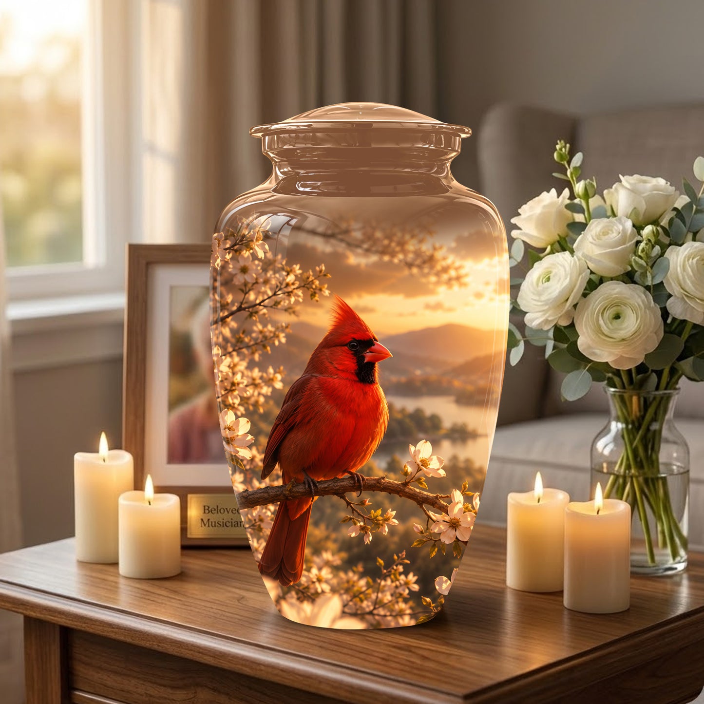 Red Cardinal Bird - Beautiful Sunset Scenic Burial Urns For  Ashes