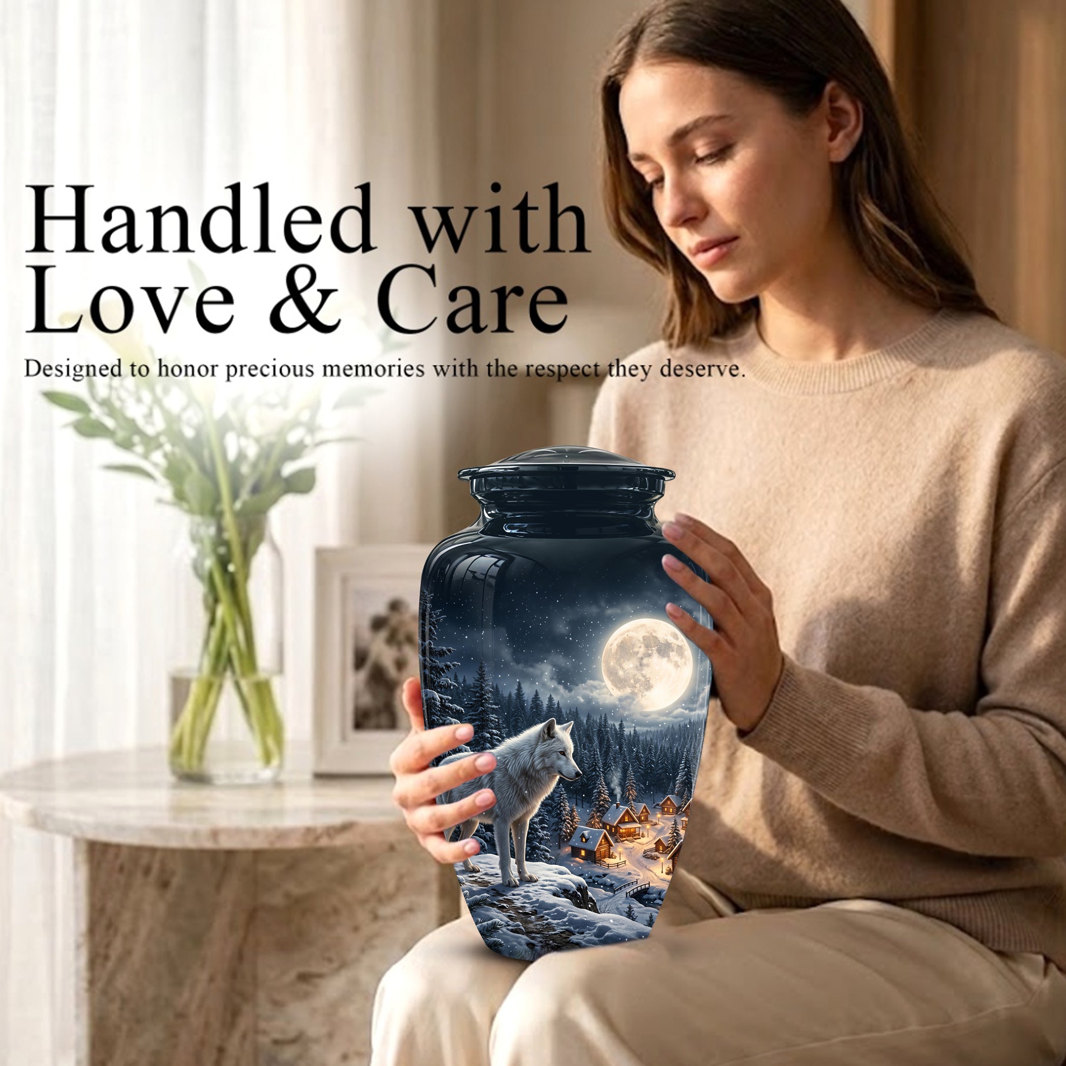 Moonlit Wolf Urn for Ashes - Custom Memorial Urn For Human Ashes