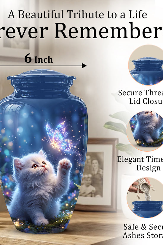 White Cat With Majestic Butterfly - Blue Cremation Urns For Human Ashes