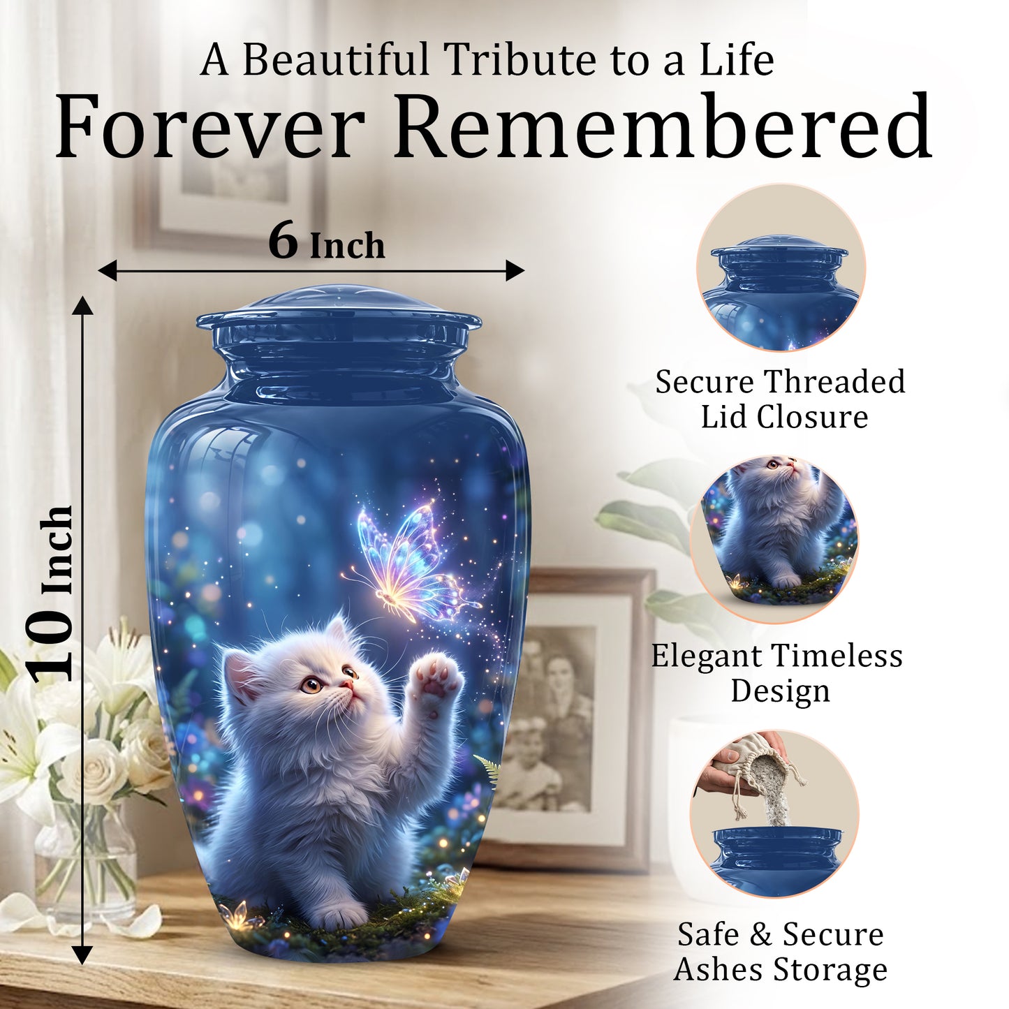 White Cat With Majestic Butterfly - Blue Cremation Urns For Human Ashes
