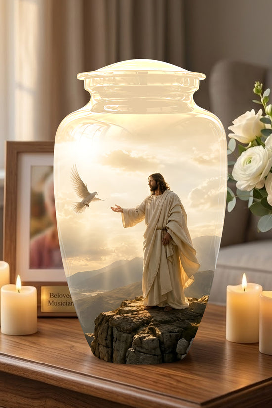 Jesus With Dove Themed Urn - Peaceful Eternal Rest Urn For Human Ashes