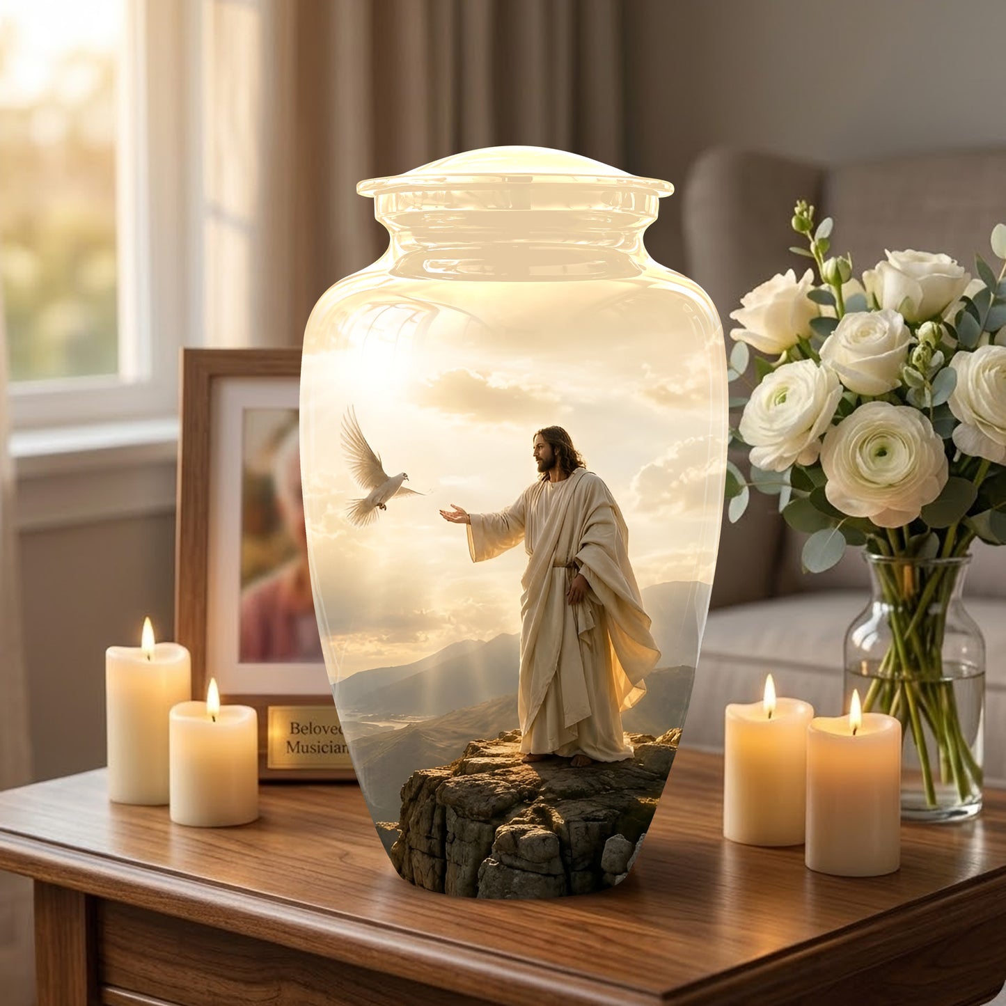 Jesus With Dove Themed Urn - Peaceful Eternal Rest Urn For Human Ashes