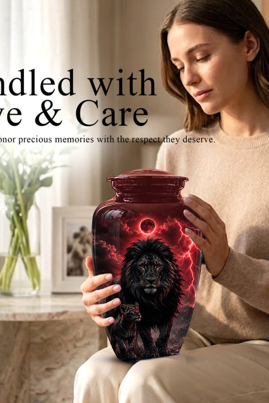 Lion With Cub Urn - Handcrafted Personalized Lion Burial Urn For Ashes