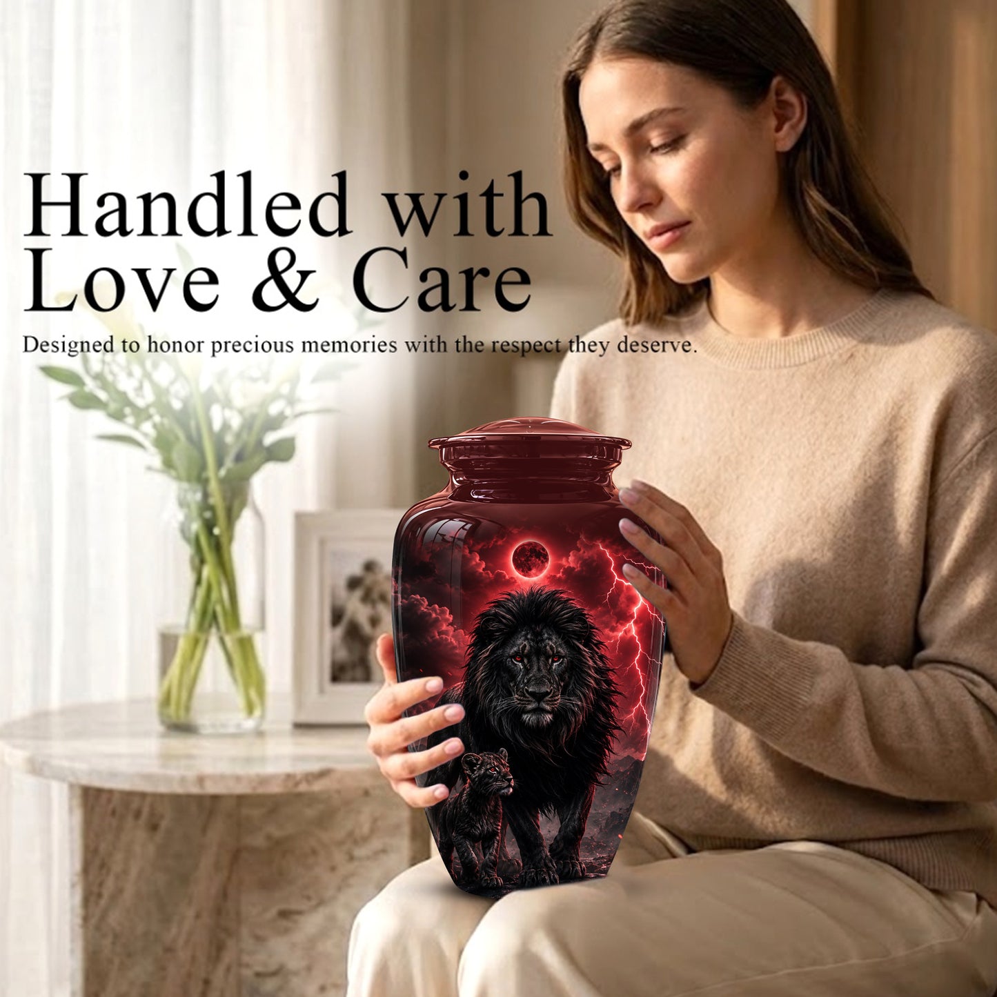Lion With Cub Urn - Handcrafted Personalized Lion Burial Urn For Ashes