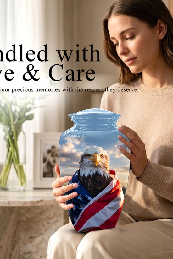 Bald Eagle Draped in American Flag - Patriotic Burial Urns For Human Ashes