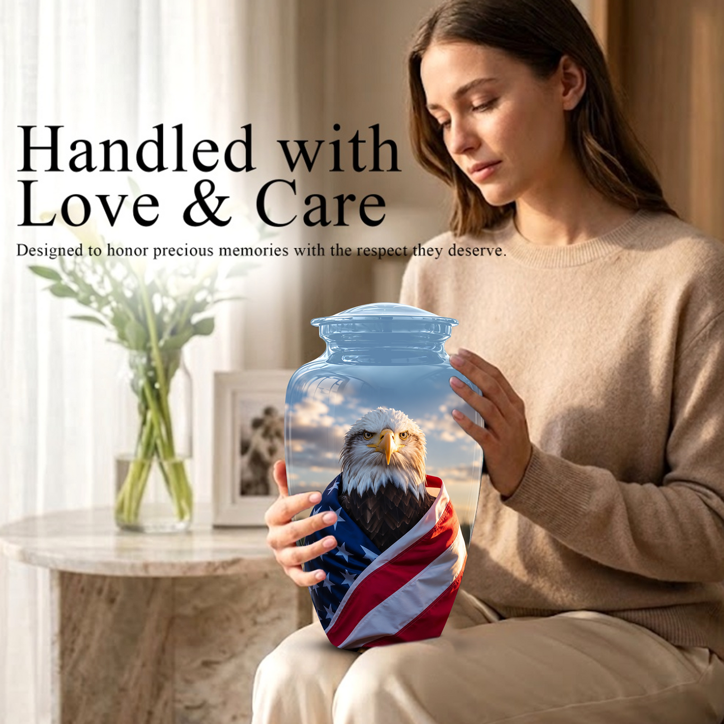 Bald Eagle Draped in American Flag - Patriotic Burial Urns For Human Ashes